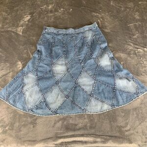 Vintage Studio West Denim Midi Skirt Patchwork Sz M Y2K Grunge Fairy Boho Retro